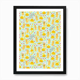 Playful Macaroni and Cheese on a Baby Blue Checkered Background with Hearts  Art Print