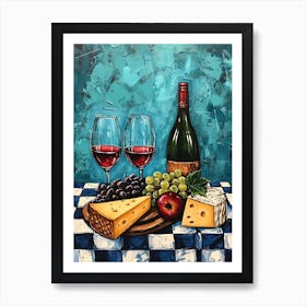 Wine Cheese & Grapes Blue Checkerboard 2 Art Print