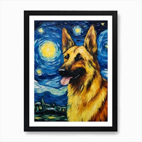 German Shepherd Starry Night Dog Portrait Art Print