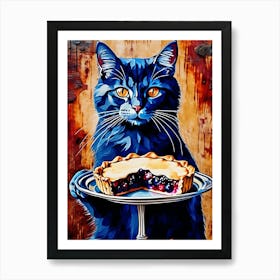 Blue Cat With Pie Art Print