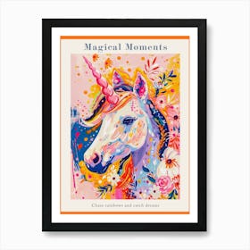 Unicorn Floral Pastel Pink Portrait Poster Art Print