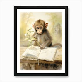 Monkey Painting Doing Calligraphy Watercolour 1 Art Print