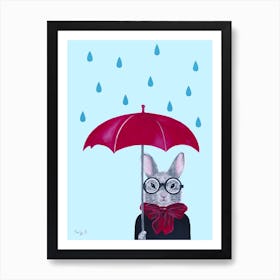 Rabbit With Red Umbrella In The Rain Art Print
