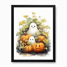 Cute Bedsheet Ghost, Botanical Halloween Watercolour 124 Art Print