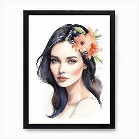 Floral Woman Portrait Watercolor Painting (28) Art Print