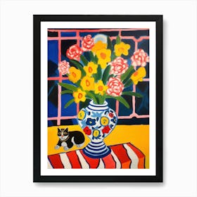 A Painting Of A Still Life Of A Freesia With A Cat In The Style Of Matisse 3 Art Print