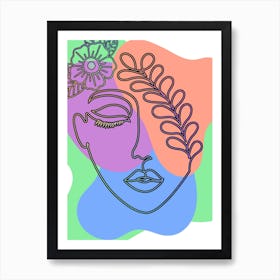 Woman With Flowers In Her Hair Woman Face Drawing Line Art Art Print