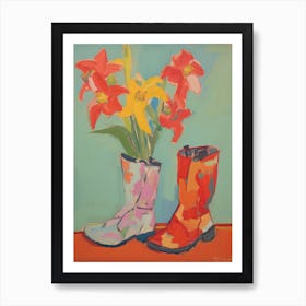 Painting Of Red Flowers And Cowboy Boots, Oil Style 9 Art Print