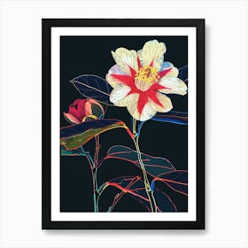 Neon Flowers On Black Camellia 3 Art Print