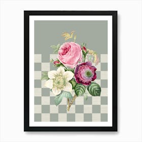 Peony, Retro Botanical in Sage green and Pink 1 Art Print