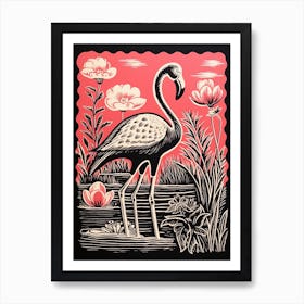 Vintage Bird Linocut Flamingo 2 Art Print