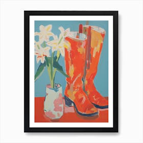 Painting Of White Flowers And Cowboy Boots, Oil Style 7 Art Print