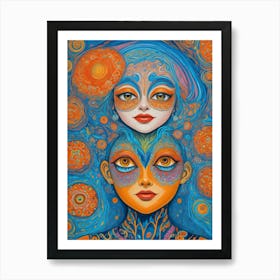 Two Women In Blue And Orange Art Print