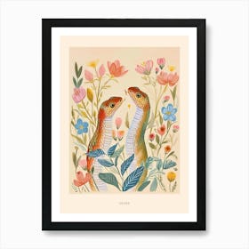 Folksy Floral Animal Drawing Snake Poster Art Print