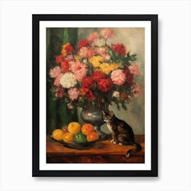 Flower Vase Chrysanthemums With A Cat 3 Impressionism, Cezanne Style Art Print