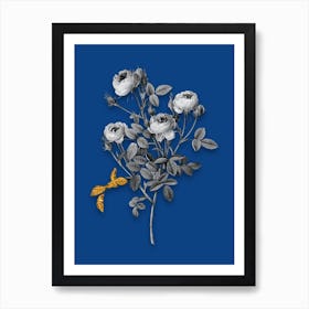 Vintage Burgundian Rose Black and White Gold Leaf Floral Art on Midnight Blue n.0786 Art Print