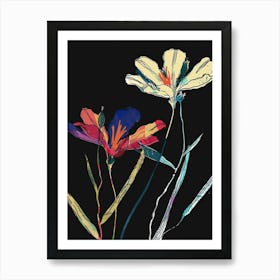 Neon Flowers On Black Flax Flower 4 Art Print