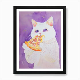 White Cat Eating Pizza Folk Illustration 2 Art Print