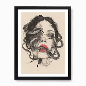 Snakes On A Woman'S Face Art Print