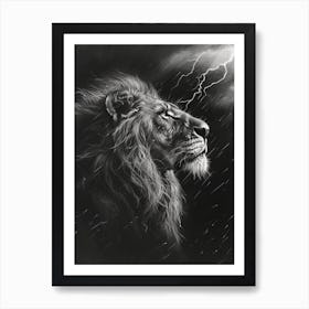 African Lion Charcoal Drawing Facing A Storm 2 Art Print