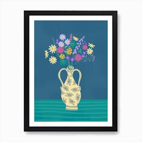 Flowers On Green And Blue Art Print