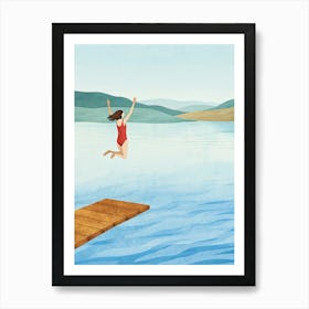 Woman Jumping Off A Dock Art Print