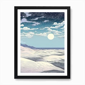 Tottori Sand Dunes In Tottori, Ukiyo E Black And White Line Art Drawing 4 Art Print