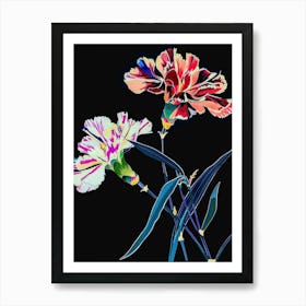 Neon Flowers On Black Carnation Dianthus 1 Art Print