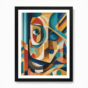 I am Here - Abstract Art Deco Geometric Shapes Oil Painting Modernist Picasso Inspired Bold Gold Green Turquoise Red Face Visionary Fantasy Style Wall Decor Trippy Cool Room Art Invoke Psychedelic Art Print