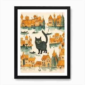 Black Cat With A Medieval Village Art Print