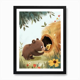 Brown Bear Cub Playing With A Beehive Storybook Illustration 4 Art Print