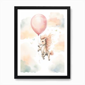 Baby Unicorn Flying With Ballons, Watercolour Nursery Art 3 Art Print