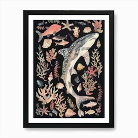 Greenland Shark Seascape Black Background Illustration 4 Art Print