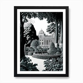 Gardens Of The Palace Of Versailles, 1, France Linocut Black And White Vintage Art Print