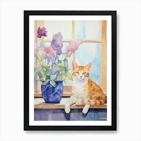 Cat With Calla Lily Flowers Watercolor Mothers Day Valentines 3 Art Print