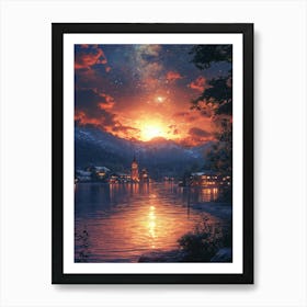 Night Sky Over Lake 13 Art Print