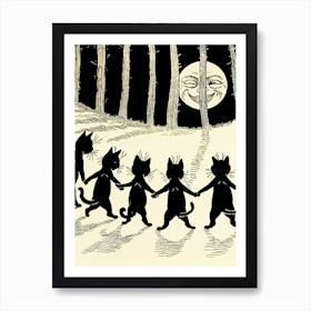 The Wink by Louis Wain - Famous Vintage Black Cats Dancing by The Smiling Full Moon - Retro Kitties Dance in the Moonlit Forest - Witchy Pagan Fairytale Magic Art Print