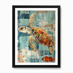 Sea Turtle Mixed Media Blue Collage Art Print