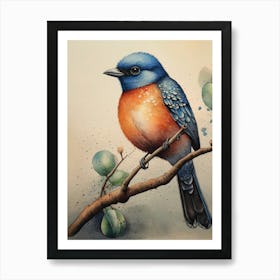 Vintage Bluebird on Branch Painting Art Print