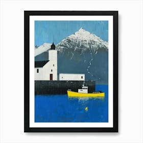 Yellow Boat And Lighthouse Art Print