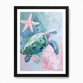 Sea Turtle With A Star Fish Pastel 1 Art Print