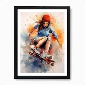 Girl Skateboarding In San Diego, United States Watercolour 4 Art Print