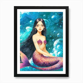 Mermaid, asian, Chinese, Korean, japanese, Thai ,ocean, sea, kids, girl, girls, bubbles, underwater, water Art Print