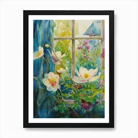 Anemone Flowers On A Cottage Window 1 Art Print