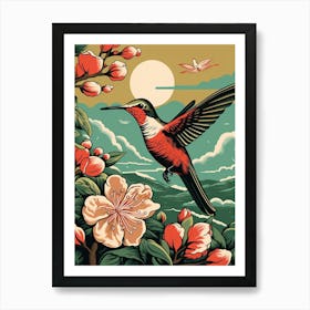 Vintage Bird Linocut Hummingbird 2 Art Print