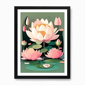 Blooming Lotus Flower In Pond Scandi Cartoon 1 Art Print