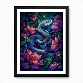 Blue Snake With Purple Flowers Art Print