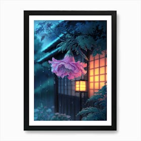 Anime Canvas Art: Vibrant Pink Flower with Raindrops in a Rainy Night Setting, Warm Lantern Glow, and Lush Leaves, Perfect for Lofi Aesthetic and Tranquil Ambience. Art Print