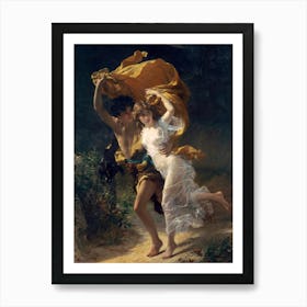 The Storm - The Tempest 1880 by Pierre Auguste Cot "The Storm" (La Tempête) by Pierre-Auguste Cot (French, 1837–1883) is a celebrated masterpiece of Academic Classicism, painted in 1880. Now housed at the Metropolitan Museum of Art in New York City, this oil-on-canvas work depicts a young couple racing through a storm, shielded by a billowing fabric. Its narrative remains open to interpretation, with influences possibly drawn from Paul et Virginie or Daphnis and Chloe. Commissioned by art patron Catharine Lorillard Wolfe, the painting debuted at the 1880 Salon to great acclaim. Its romantic energy, dynamic composition, and universal appeal made it a cultural touchstone, widely reproduced and cherished. Today, it remains a timeless symbol of youthful passion and love, often associated with modern Valentine's Day celebrations for its enduring romantic allure. Art Print