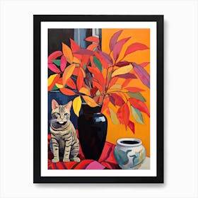 Freesia Flower Vase And A Cat, A Painting In The Style Of Matisse 0 Art Print